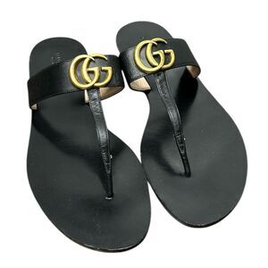 Gucci Black Leather Marmont GG Logo Thong Sandals Flip Flops Summer Shoe Size 41